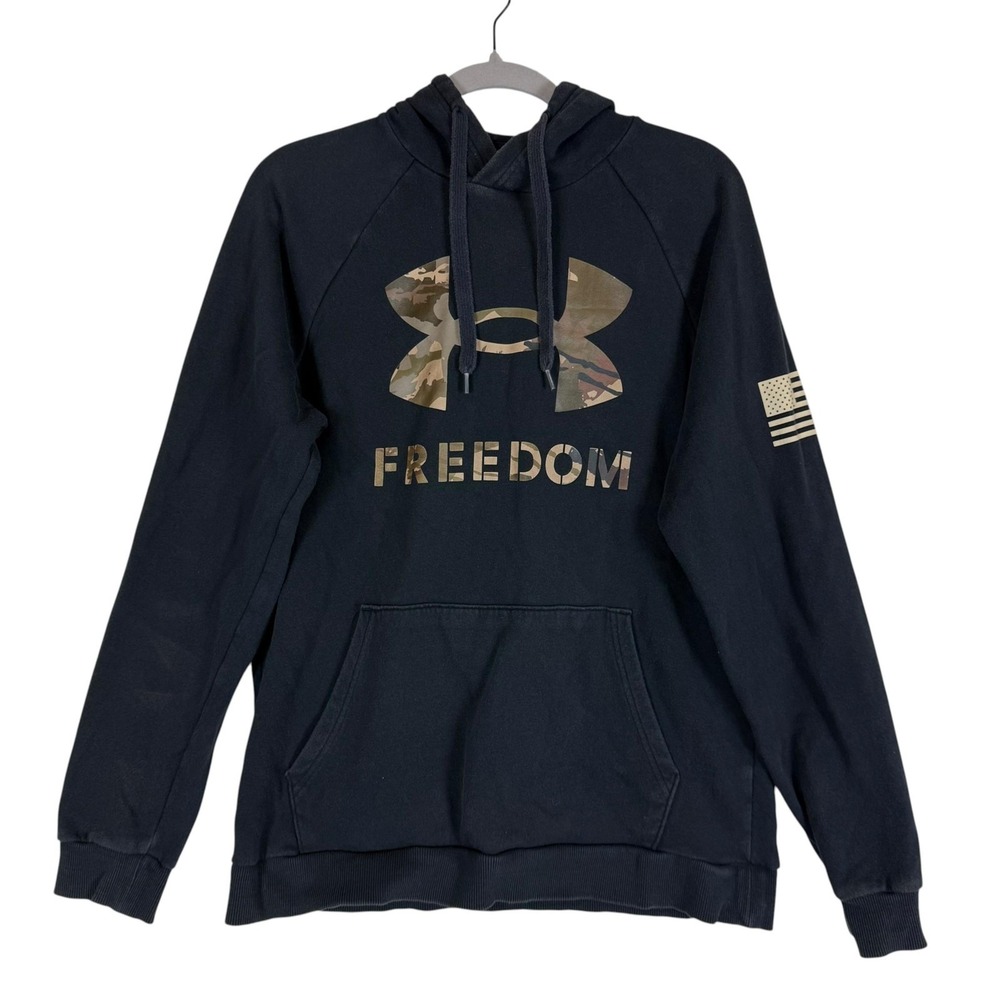 Under Armour Hoodie Mens Medium Black Pullover Fleece Freedom Camo Logo Flag